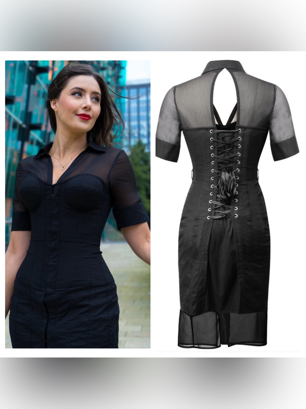 Corset Story Spiral Steel Boned Corset Dress Black Mesh Lace-Up Gothic size 34”